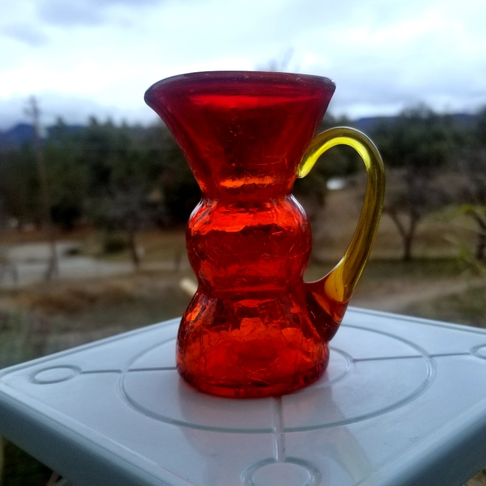 Vintage miniature handblown crackled glass vase pitcher brigh orange with amber